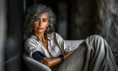 Thoughtful Woman Resting with Medical Cuff in Calm Interior Setting