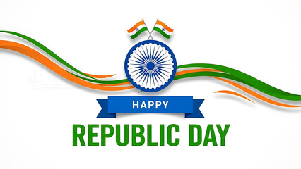 Happy Republic Day Banner with Ashoka Chakra, Tricolor Flags and Wavy Ribbon Design