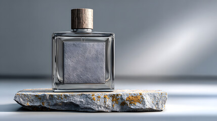 Minimalist perfume bottle with a textured grey label and natural wooden cap, resting on a rough stone with golden flecks