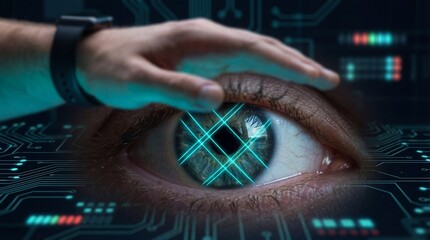 A woman's hand touches a digital blue screen displaying a global network map for a computer security concept showing a virus alert across a high-tech communication connection