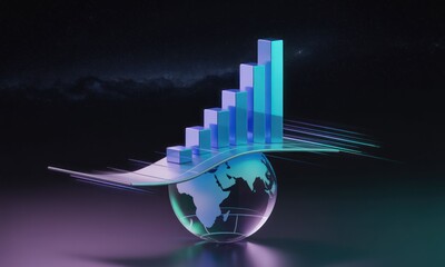 A 3D graphic of a rising bar graph over a globe, implying global growth.  The graph bars are 