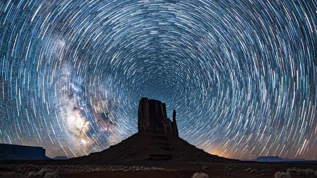Spectacular hyperlapse star trails spinning above a massive lone mesa during the deep blue cosmic night, illustrating the rotation of the Earth environment, stylized, vast landscape