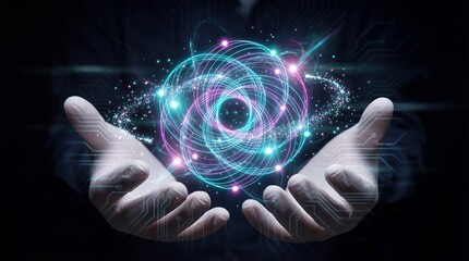 Hand of a man touching a digital world map on a blue background representing a global business network and future internet technology connection