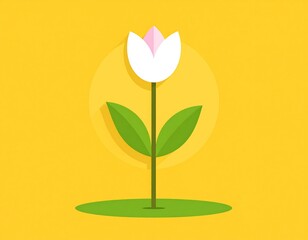 Cartoon illustration of a tulip, with white petals, green stem & leaves, on a bright yellow background