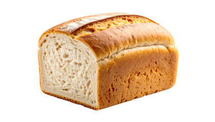 A freshly baked loaf of bread, sliced to reveal the soft, airy interior. Crust golden brown