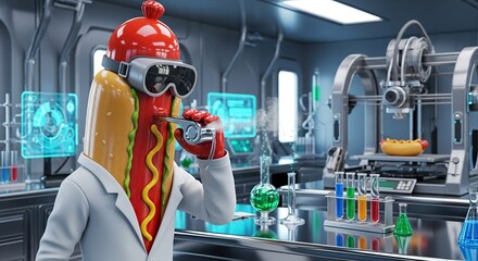 Futuristic food-themed robot scientist in high-tech lab examines hot dog samples with advanced equipment and holographic displays