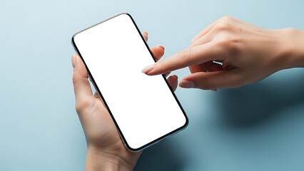 hands holding smartphone with blank white screen for mobile app mockup presentation useful for user interface design and digital advertising concepts against a light blue backdrop.