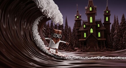 Whimsical robot in goggles riding a massive curling wave under a twilight sky near a spooky gothic mansion with glowing windows and towering trees