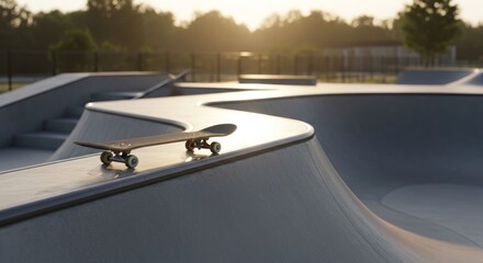 Obraz premium A skateboard rests atop a smooth concrete ramp in a skate park at sunrise. Sunlight streams through the trees in the background