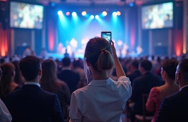 People in evening wear attend formal event performance. Woman records stage activity with smartphone. Large screens display visuals above performance area. Audience watches intently from seats in