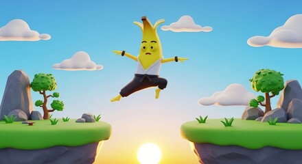 Cheerful animated banana character leaping joyfully over vibrant green hills under a sunny sky with clouds and trees
