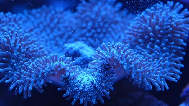 An abstract macro closeup of an underwater coral reef reveals a vibrant fractal pattern of nature in deep blue and green with a glowing light texture