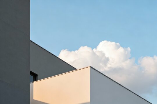 Generative AI Modern Building Corner Under Clear Blue Sky with Fluffy Clouds