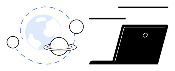 Space technology, global communication, remote work, astronomy education, digital learning, tech advancements. Planetary orbit illustration and laptop side-by-side. Space technology and global © robu_s