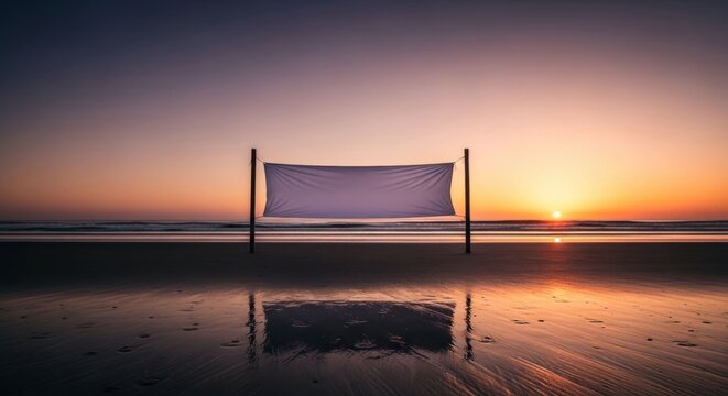 Blank canvas banner hangs over tranquil beach at sunrise - Powered by Adobe