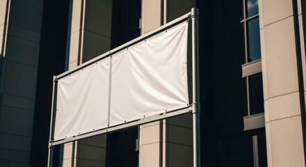 Blank white banner stretches horizontally between two tall building columns