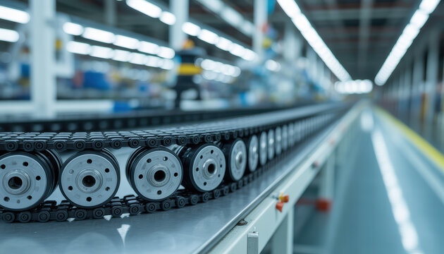 Industrial conveyor chain closeup in tidy factory with cool lighting and motion blur