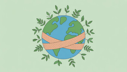 Earth with bandage and leaves healing planet illustration, eco care message