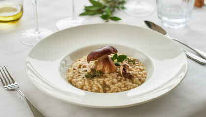 Mushroom risotto porcini mushroom white plate fine dining creamy risotto herb garnish table