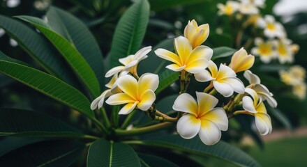 Obraz premium Close-up of plumeria flowers with vibrant yellow and white petals, set against a backdrop of lush, dark green leaves