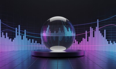Crystal sphere, sound waves, digital chart.  Neon lights illuminate a dark space.  Abstract, futuristic, data visualization