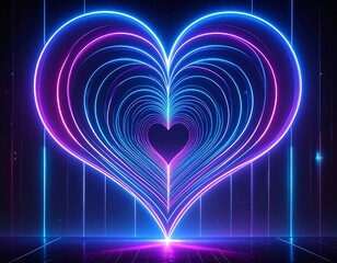 Neon heart tunnel, vibrant blue and purple glow in a dark room