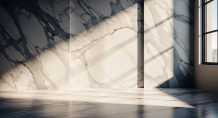 Empty, sunlit room with marble walls and floor