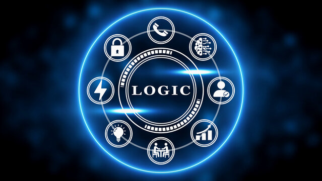 Abstract digital logic concept with icons and glowing blue circle on dark background reasoning thinking