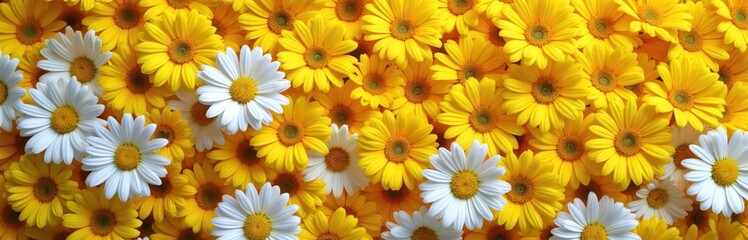 Close up view of yellow and white daisy flowers filling frame. Blooming plants are vibrant under sunlight. Delicate petals contrast bright center disk.