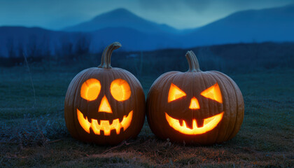 Two carved pumpkin jack o lanterns glowing on grass at dusk with distant hills