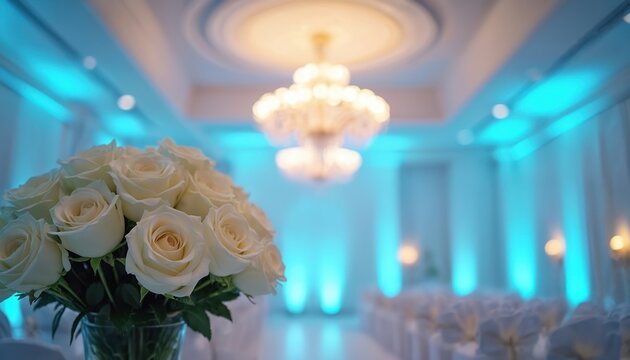 White rose bouquet sits on table in elegant venue. Blue uplighting, crystal chandelier create romantic atmosphere. Chairs set for wedding ceremony or special event.