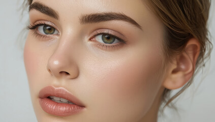 Soft closeup portrait of young woman with flawless skin and neutral makeup