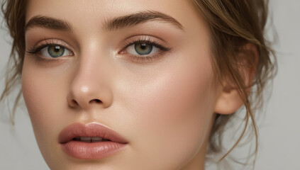 Fototapeta premium Fresh natural portrait of young woman with glowing skin and soft expression