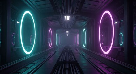 Futuristic tunnel with neon rings.  Dark, metallic corridor with glowing turquoise and magenta rings