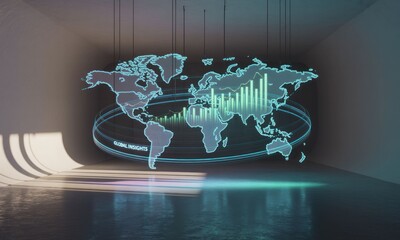 Global data visualization in a modern, empty room.  Projected world map with financial graphs
