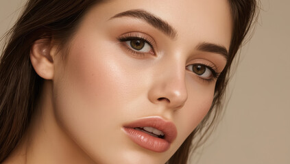 Obraz premium Lucid realism beauty closeup portrait of female with smooth skin and warm expression