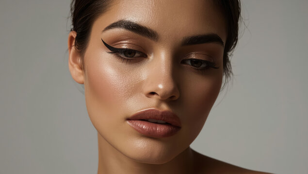 Lucid realism beauty closeup woman with bold black eyeliner and glowing skin