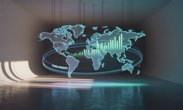 Global data visualization in a modern, empty room.  Projected world map with financial graphs - Powered by Adobe