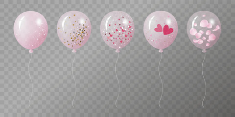 Set of pink party balloons with glitter, hearts, and rose petals on transparent background for Wedding and Valentine's day Vector illustration