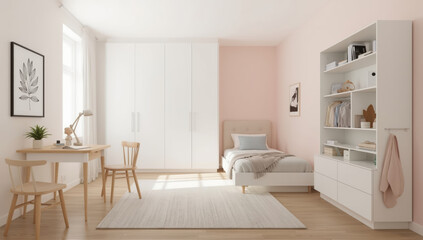 Fototapeta premium Soft pastel bedroom interior with minimalist white furniture and natural wood accents