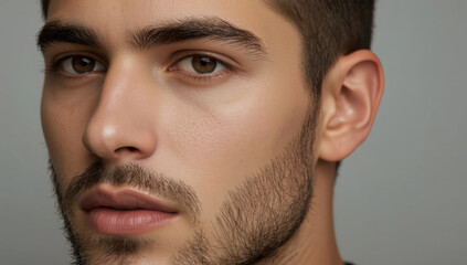 Obraz premium Young male portrait with closeup gaze and trimmed beard, soft lighting, neutral background