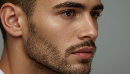 Obraz premium Handsome closeup portrait of groomed young man with stubble and clear skin, contemplative