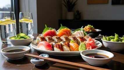 A vibrant sushi platter with fresh nigiri and maki rolls served with miso soup and edamame on sunlight wood.