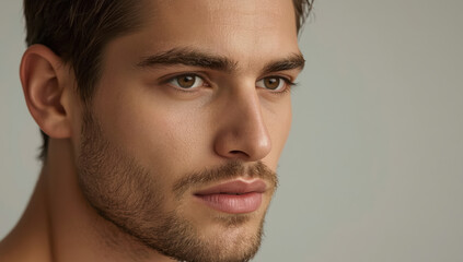Obraz premium Young man with short light beard, clear skin, brown eyes, contemplative expression