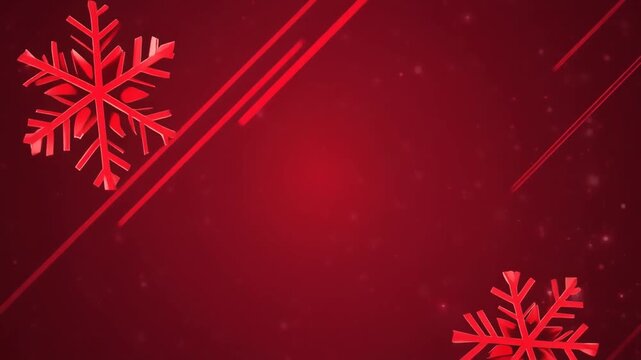 Vibrant red background with stylized 3D red snowflakes and diagonal lines, creating a festive winter holiday theme with subtle glitter.