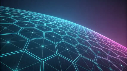 Abstract Neon Hexagon Grid Sphere Structure with Glowing Points on a Dark Blue and Purple Background