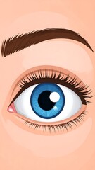 Close-up cartoon eye with blue iris, long lashes, and brown eyebrow against pale skin