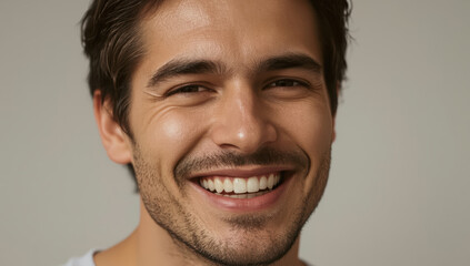 Fototapeta premium Smiling man closeup with natural laugh and warm expression