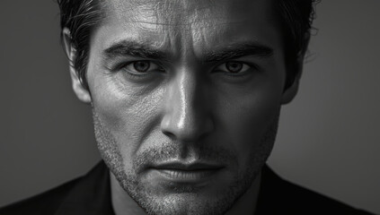 Obraz premium Mature male portrait closeup intense gaze in dramatic black and white lighting