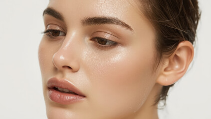 Obraz premium Dewy female portrait with luminous skin and soft makeup conveying serene beauty
